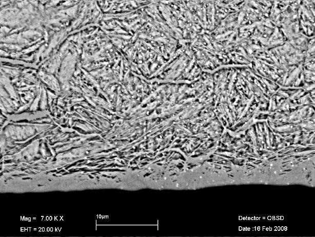 camada de difusão camada de difusão Nitretos precipitados Nitretos precipitados camada composta camada composta (a) (b) Figura 3: Micrografia do perfil da camada nitretada do aço AISI H10 mod.