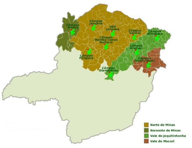 O Instituto Federal do Norte de Minas Gerais tem sua área de abrangência em praticamente metade do estado de Minas Gerais, conforme apresenta a figura 1 abaixo: Figura 1: Mapa de abrangência do IFNMG