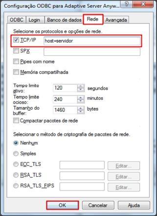 Tela de configuração do Contábil Adaptive Server Anywhere 9.0 ; 1.17 Clique na guia REDE; 1.18 Selecione a opção [x] TCP/IP e informe o IP do servidor ou Host=nome do seu servidor ; 1.