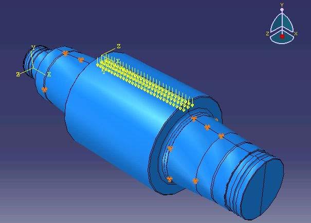 Figura 20 - Modelo 3D de cilindro BUR com restrição aplicada nos mancais de rolamento e carga de 25.