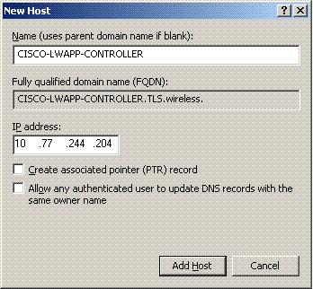 host. Esta maneira o servidor DNS traçou o hostname CISCO-LWAPP-CONTROLLER ao endereço IP de Um ou Mais Servidores Cisco ICM NT da interface de gerenciamento do controlador.