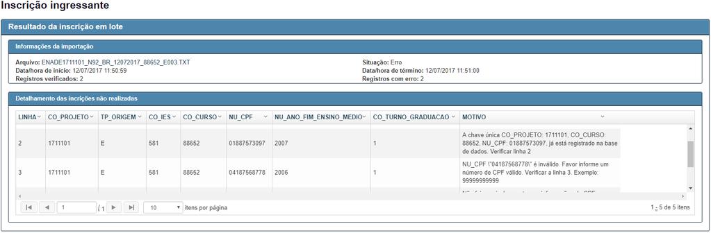 Inscrição ingressante Pesquisar importações Exemplo de tela mostrando os