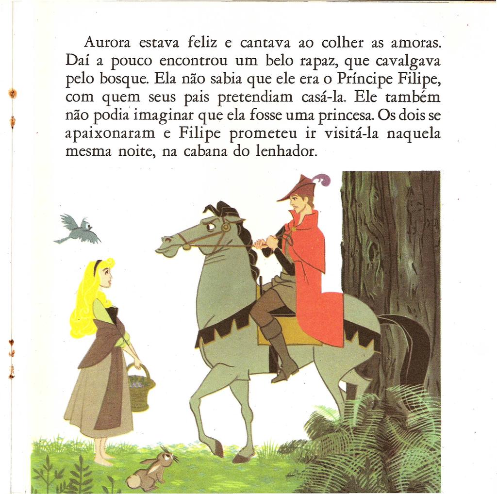 Aurora estava feliz e cantava ao colher as amoras. Dai a pouco encontrou um belo rapaz, que cavalgava pelo bosque.