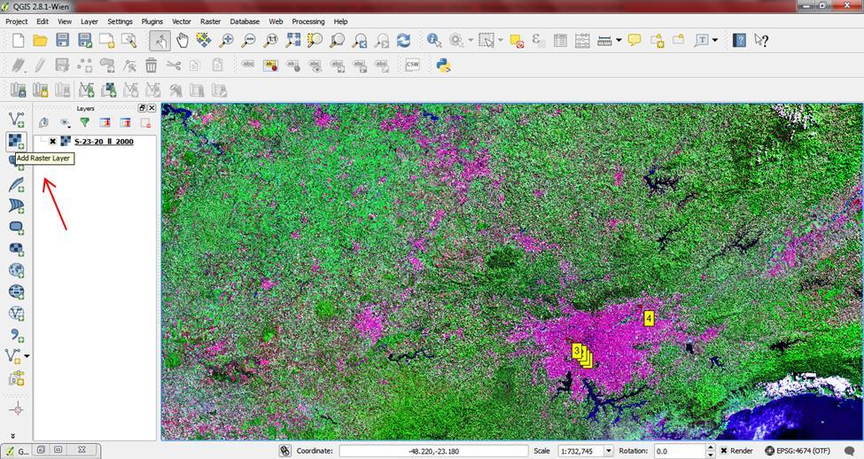 b. Carregar ar imagens no QGIZ Na lateral esquerda da interface do aplicativo, clique no ícone Add raster layer para carregar a(s) imagens GeoCover.