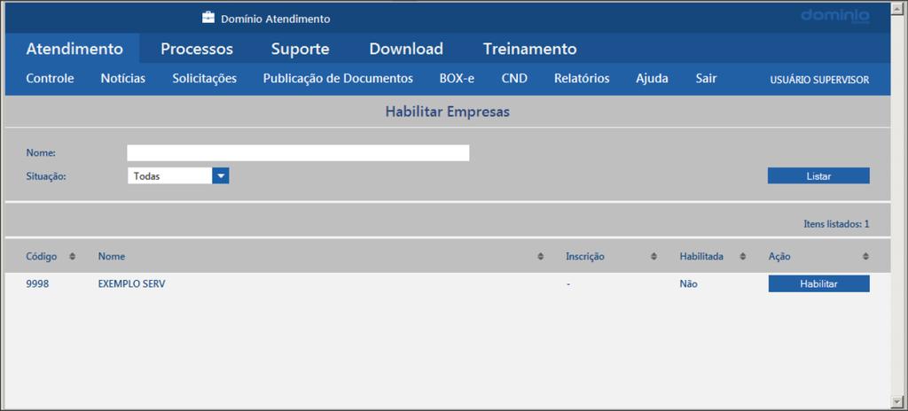 3- HABILITAR EMPRESA PARA USO DO BOX-e: 3.1- Acesse o menu ATENDIMENTO, opção CONTROLE, opção BOX-e e clique em HABILITAR EMPRESAS; 3.2-