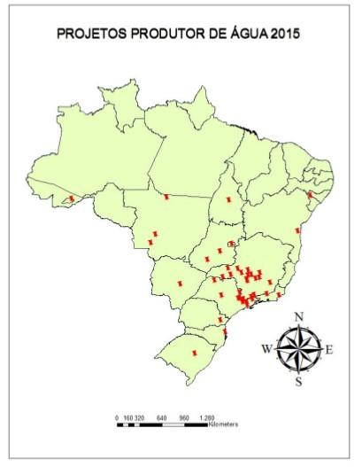 Figura 3 Localização dos projetos do Programa Produtor de Água no Brasil. Situação em janeiro de 2015. Fonte: ANA.