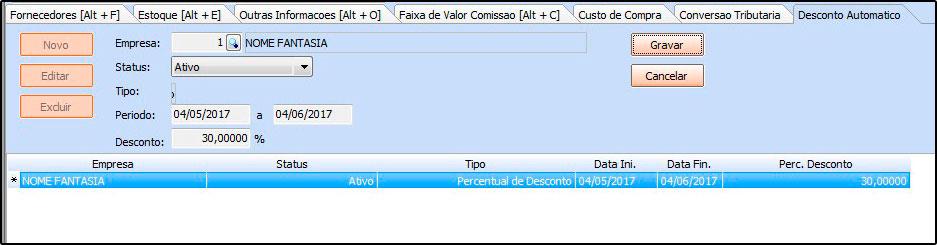 Desconto automático é utilizado para cadastrar porcentagens de