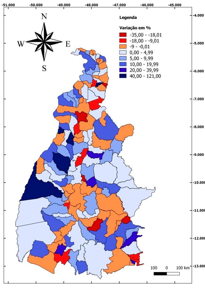 O mapa 3 traz informações sobre a quantidade de empregos gerados, em termos da variação de 2014 em relação a 2013.