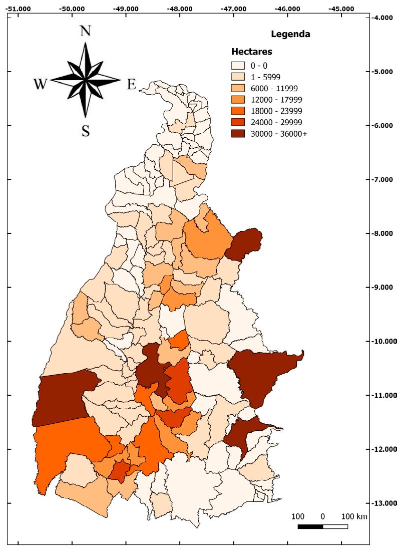 No mapa 5, podemos observar os municípios tocantinenses em relação às suas respectivas áreas, em hectares, de cultivo de soja no ano de 2014. Destacam-se os municípios de Campos Lindos com 73.