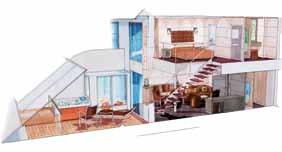 SUÍTE DÚPLEX Suíte com 2 andares, com sala de estar, duplo sofá-cama no primeiro andar, grande quarto no segundo andar, além de uma ampla varanda com uma banheira de hidromassagem, dois banheiros (um