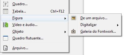 Inserindo Imagem No writer, para inserir uma imagem é muito simples. Para isso, basta clicar no menu Inserir Figura (De um arquivo, Digitalizar, Galeria do Fontwork).