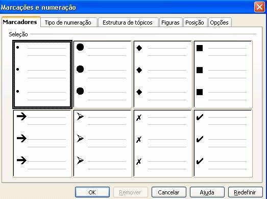 Inserindo Marcadores e Numeração Função utilizada para criar automaticamente listas numeradas e com marcadores. Existem três tipos básicos de marcadores: com símbolos, numéricos e com vários níveis.