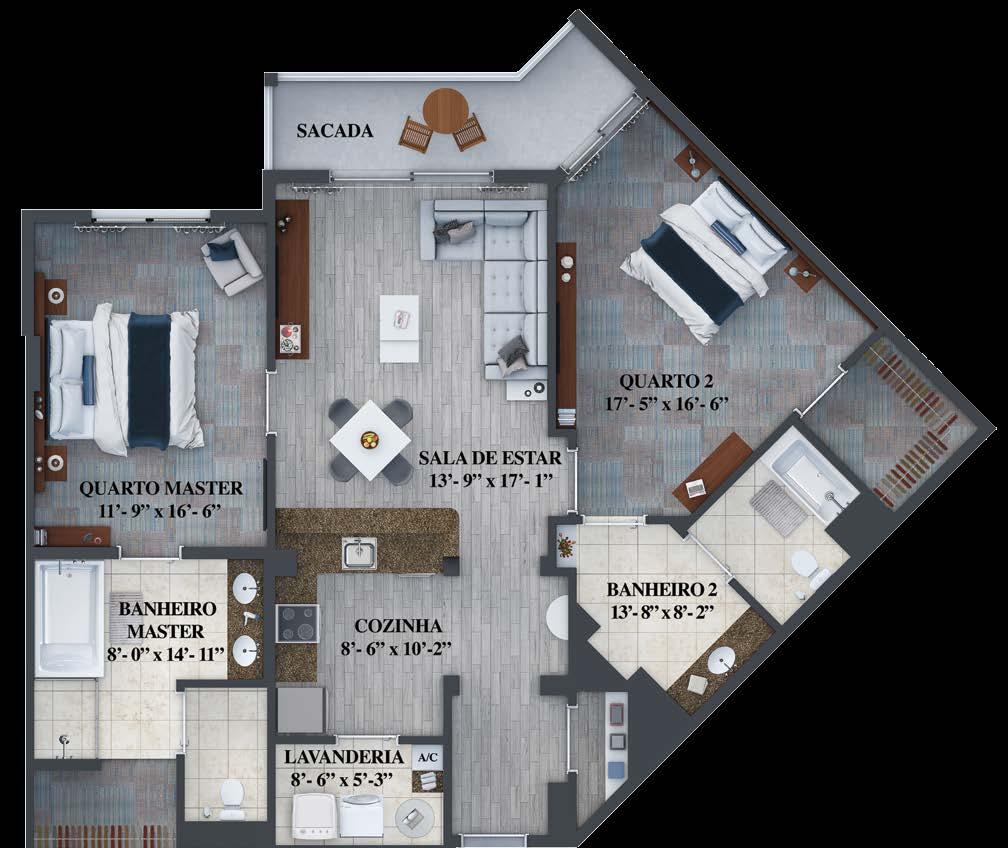 BIRCH 2 Quartos 2 Banheiros Espaço de Estar Sacada Total 1,375 Sq. Ft.