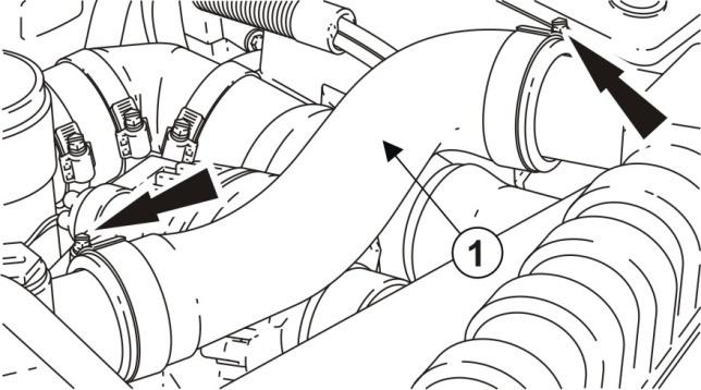 Admissão 303-12-39 13. Instale a mangueira superior do radiador (1). Aperte as abraçadeiras com o torque de 5 Nm (44 lb.