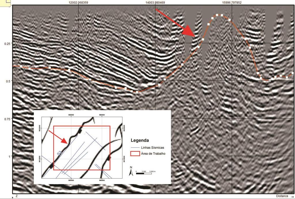 39 Figura 20- Detalhe de estrutura falhada semiparalela a linha sísmica S3. Fonte: Modificado de Destro, 2002 5.3.1 DISCORDANCIA BASAL DA SEQUENCIA TAQUIPE Esta superfície foi identificada ao longo de todas as linhas sísmicas interpretadas.