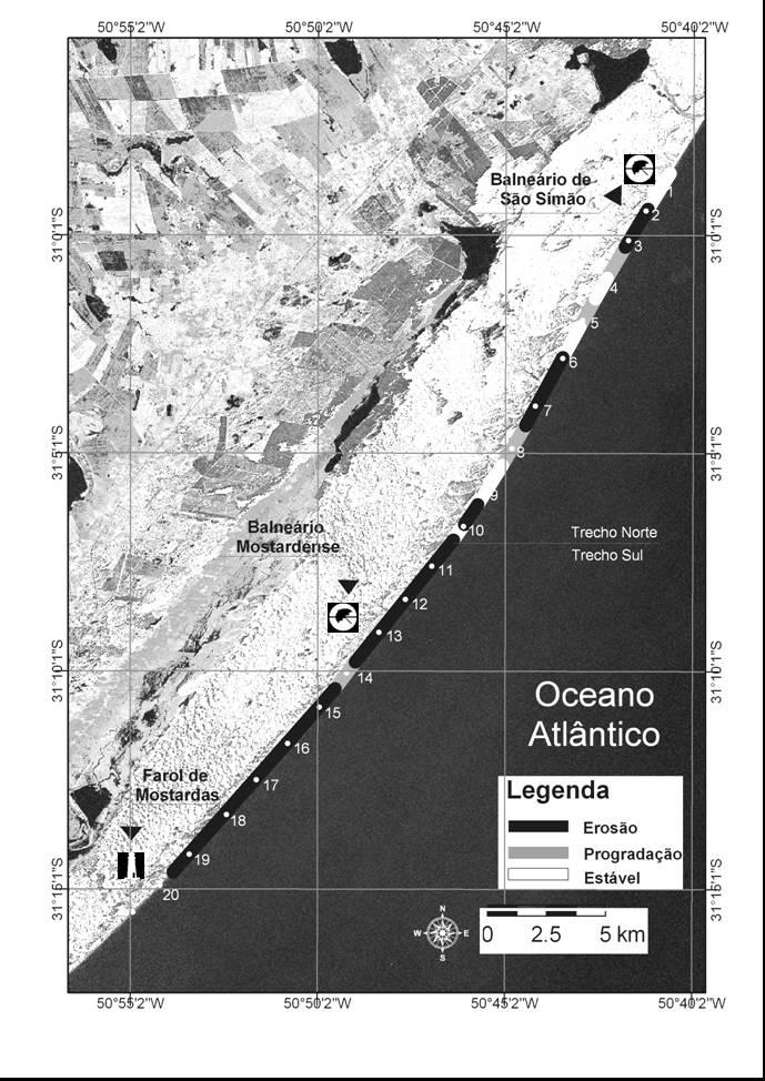 Figura 6: Imagem do satélite Landsat, com a apresentação dos resultados do comportamento da linha de costa de Mostardas