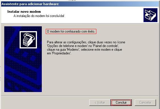 A mensagem O modem foi configurado com êxito, destacada na figura a seguir, significa que o processo foi efetuado de forma