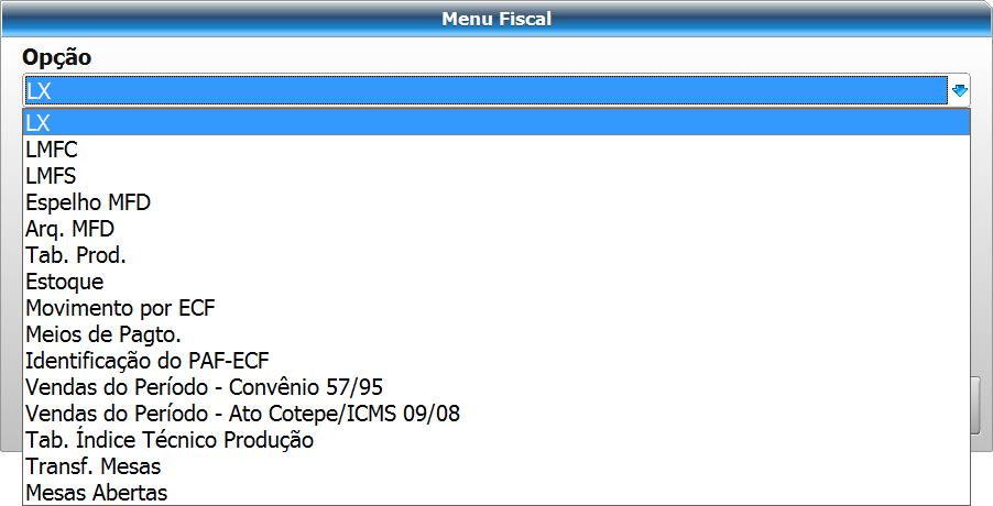 Mesas 1, 2, 4, 6 e 7: Nestas mesas há clientes consumindo. 4. Abaixo segue explicação dos botões existentes neste módulo: Este botão abrirá o Menu Fiscal, o qual apresentará a tela abaixo.