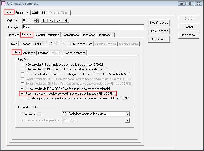1.5 Na guia GERAL, FEDERAL, PIS/COFINS selecione a opção [x] Possui mais de um código de recolhimento para os impostos PIS e COFINS ; 1.