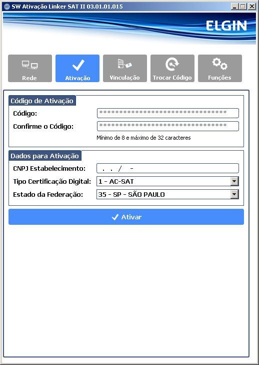 3.2 Seção Ativação Ativação do SAT Esta seção permite a ativação do Linker SAT II. Figura 13 - Tela da seção da ativação do SAT Para que o SAT possa emitir Cupons Fiscais ele deve ser ativado.