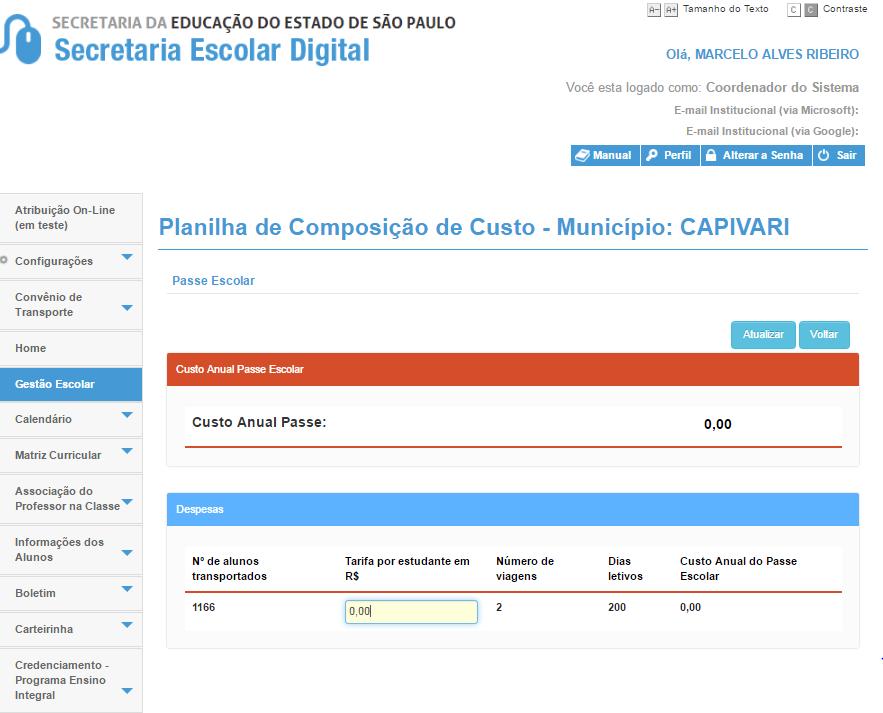 Preencha os valores correspondentes e clique em ATUALIZAR.