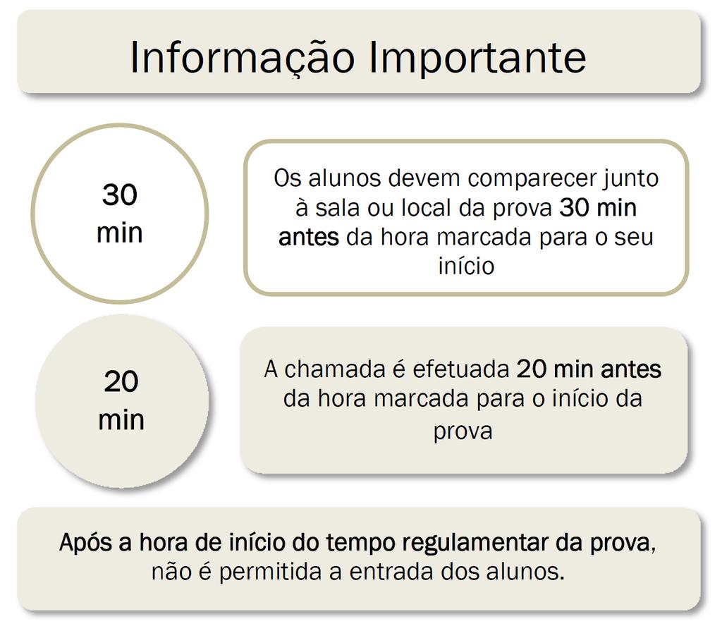 9. CONVOCATÓRIA DOS ALUNOS 9.1 Os alunos devem apresentar se na escola, junto à sala ou local da prova, 30 minutos antes da hora marcada para o início da prova. 9.2 A chamada faz se pela ordem constante nas pautas referidas no n.