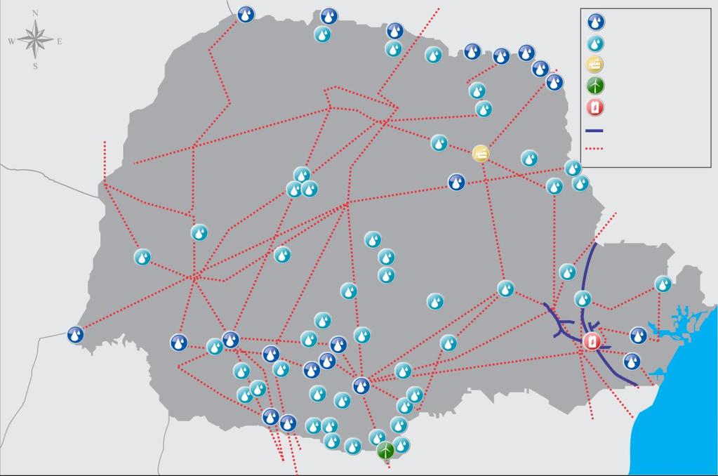 FONTES DE ENERGIA HYDROELECTRIC POWER PLANT (+ 30MW) HYDROELECTRIC POWER PLANT (-30MW) THERMAL POWER PLANT Mato Grosso do Sul Umuarama Maringá Londrina Apucarana WINDPOWER REFINERY NATURAL GAS