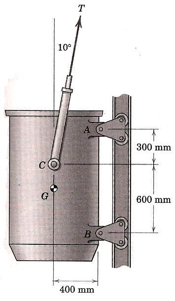 15. A caçamba de concreto e sua carga possuem uma massa de 4,0 t com centro de massa em G e está sendo elevada com uma velocidade constante ao longo de sua guia vertical através da tração do cabo T.