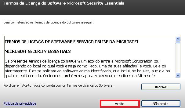 Ao executar aparecerá a tela de boas vindas da Microsoft Security Essentials (MSE), com as informações e Política de Privacidade.