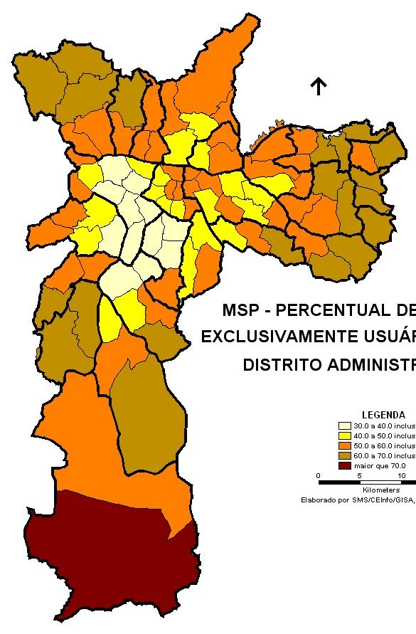 Mapa 1 - Proporção de população exclusivamente usuária SUS estimada com base na PCV 2006