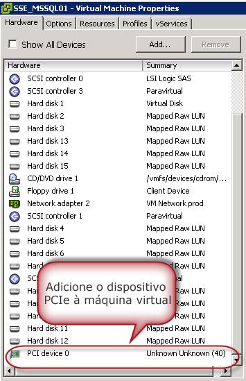 5. Reinicie o servidor do ESXi para concluir a instalação e configuração. Após a reinicialização, a placa XtremSF aparece como um dispositivo PCIe de passagem na janela Advanced Settings.