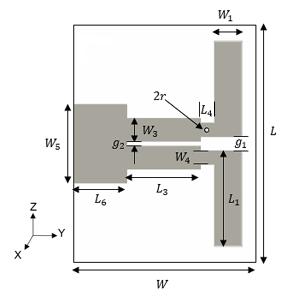 (constante dielétrica ε r = 4,4 e altura h = 1,5 mm), alimentada por uma linha de linha impressa de 50 Ω [51]. A estrutura desta antena é apresentada na Figura 4.2 [51]. (a) (b) Figura 4.