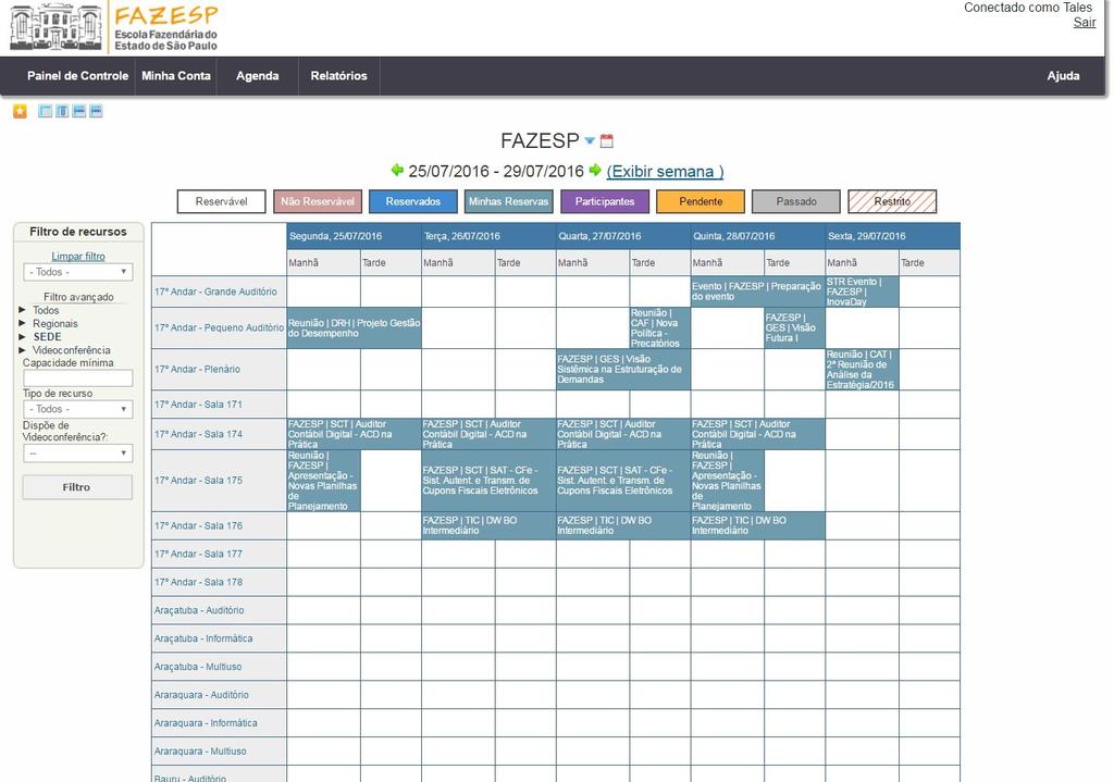 Calendário de Recursos: visualização dos agendamentos de todos os usuários.