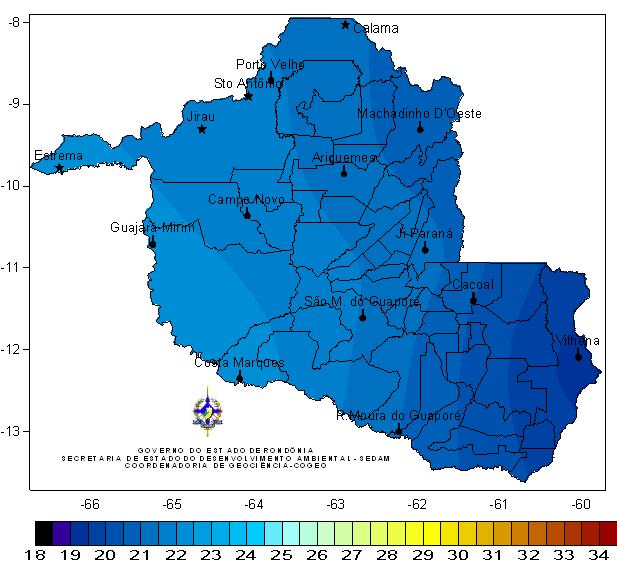 Figura 6 - Temperatura média mínima anual (ºC) O município de Vilhena foi o que registrou menor valor, com média de 19,3ºC.