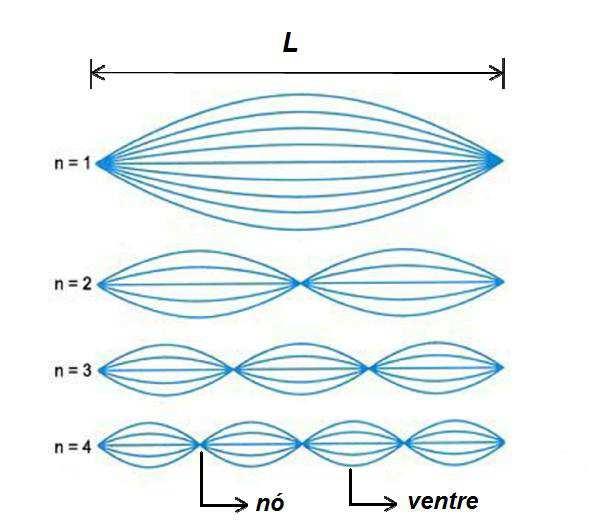 O conjunto de frequências de ressonância é característico de cada sistema físico. Num modo normal, o movimento da corda é o de uma onda estacionária.