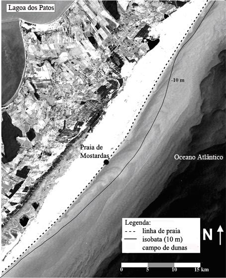 entre a área de crescimento sobre a antepraia, por mais de 2 km para mar aberto, e a extensão do jato costeiro sobre essa área, como observado na imagem de satélite (Fig. 5).