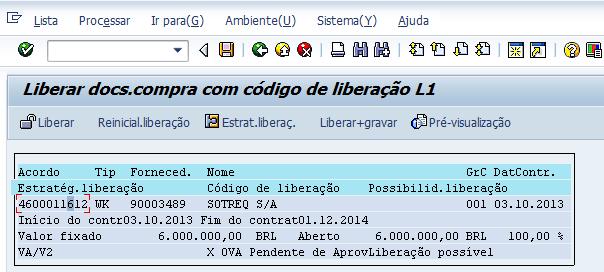 ME35K Aprovar Contrato 5 5 - Selecionar a linha marcando em cima do N do contrato e