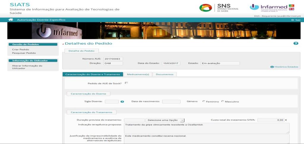 O ecrã de Detalhes do Pedido contém os seguintes separadores: Caracterização do Doente e Tratamento Medicamento(s) Documentos Consoante o estado do pedido poderão ainda estar presentes outros