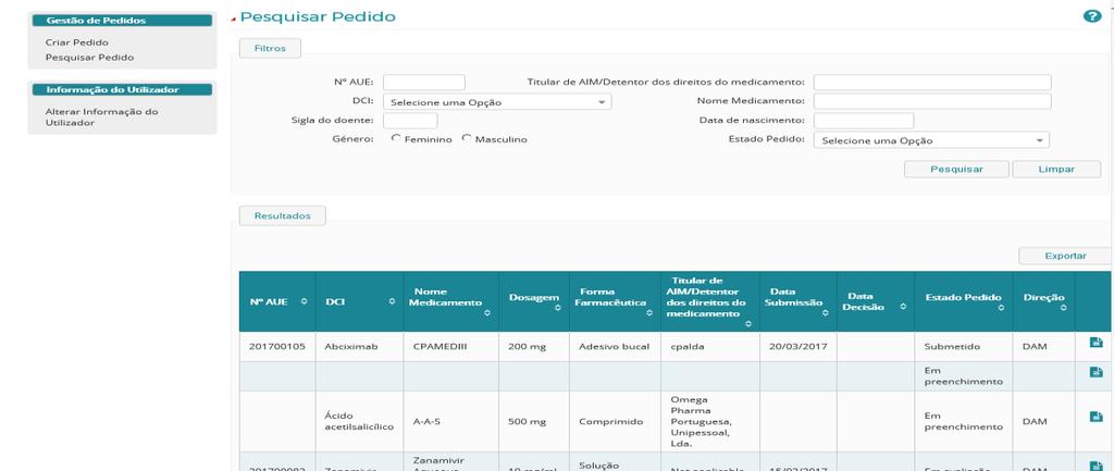 Os detalhes de um Pedido de Autorização selecionar o símbolo, que irá aparecer na área de Resultados de Pesquisa, sendo o utilizador reencaminhado para o ecrã de Detalhes do Pedido No cabeçalho do