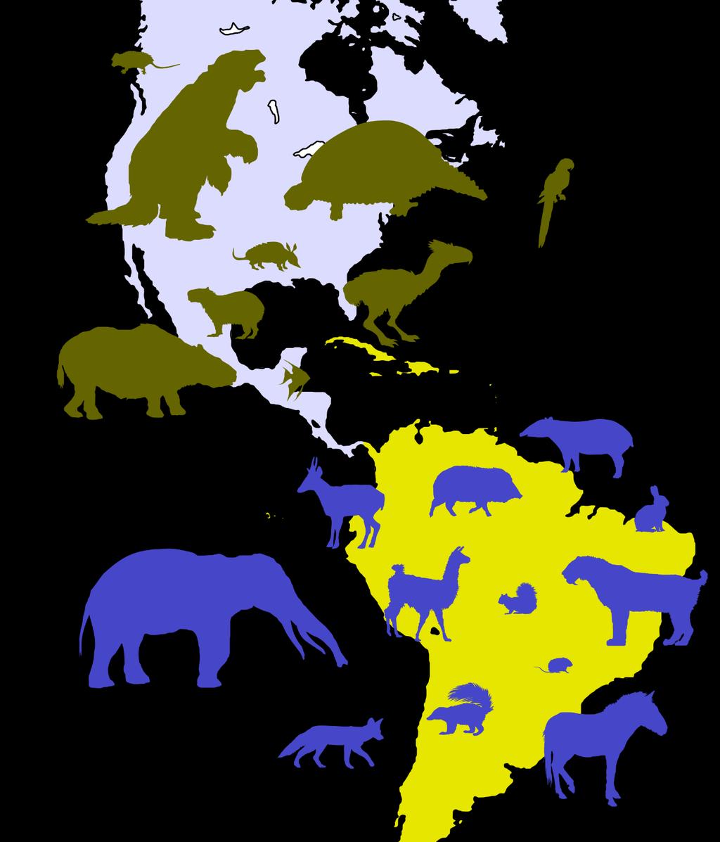 "Great American Biotic Interchange (GABI) Intercâmbio de fauna no Plioceno. Cor Verde: Animais Norte-americanos com ancestrais Sulamericanos.