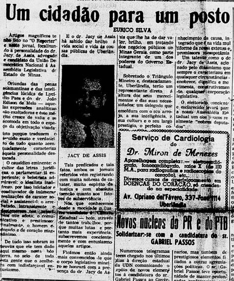 Fonte: O Correi de Uberlândia, de 14 de setembro de 1950, com artigo de Eurico Silva,