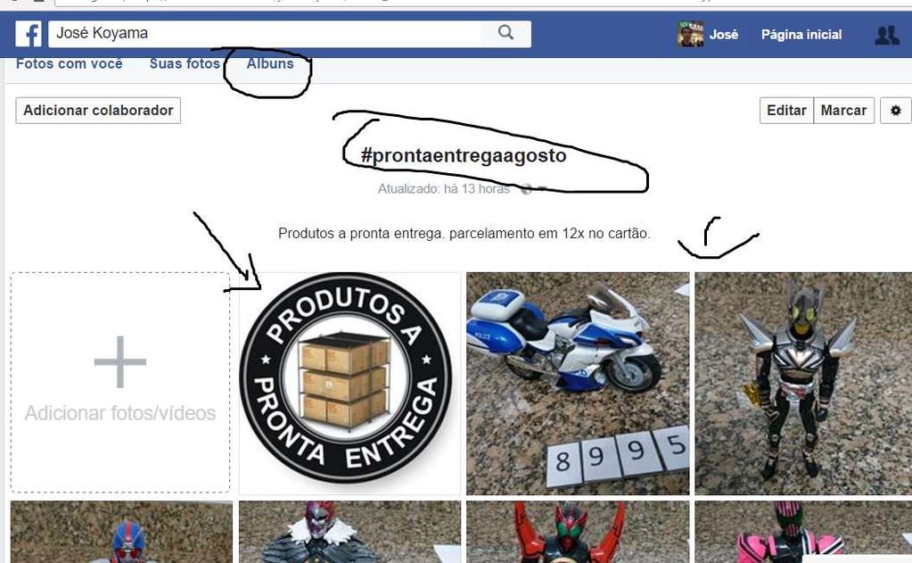 Como vender itens a pronta entrega da loja do Facebook do José Koyama Primeiramente acesse o perfil do koyama, clique em Albuns e vejas os álbuns Clique em um álbum com itens a pronta entrega.