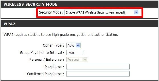 Caso sua escolha seja WPA2 ou WPA2 Auto: Nos campos: Cipher Type: Selecione Auto. Group Key Update Interval: Selecione 1800.