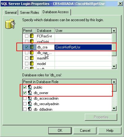 4. Vá à aba do acesso à base de dados e certifique-se de que o banco de dados da db_cra está verificado e permite o público e o db_owner.