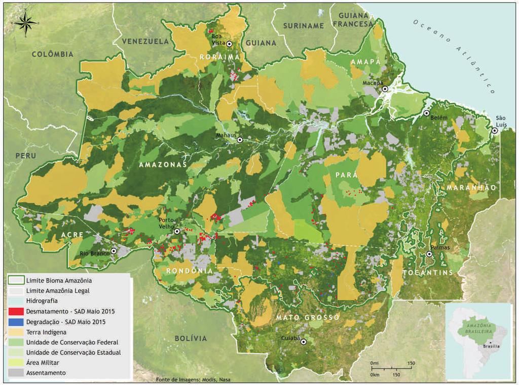 Estatísticas do Desmatamento De acordo com o SAD, o desmatamento (supressão total da floresta para outros usos alternativos do solo) atingiu 389 quilômetros quadrados em maio de 2015 (Figura 1 e