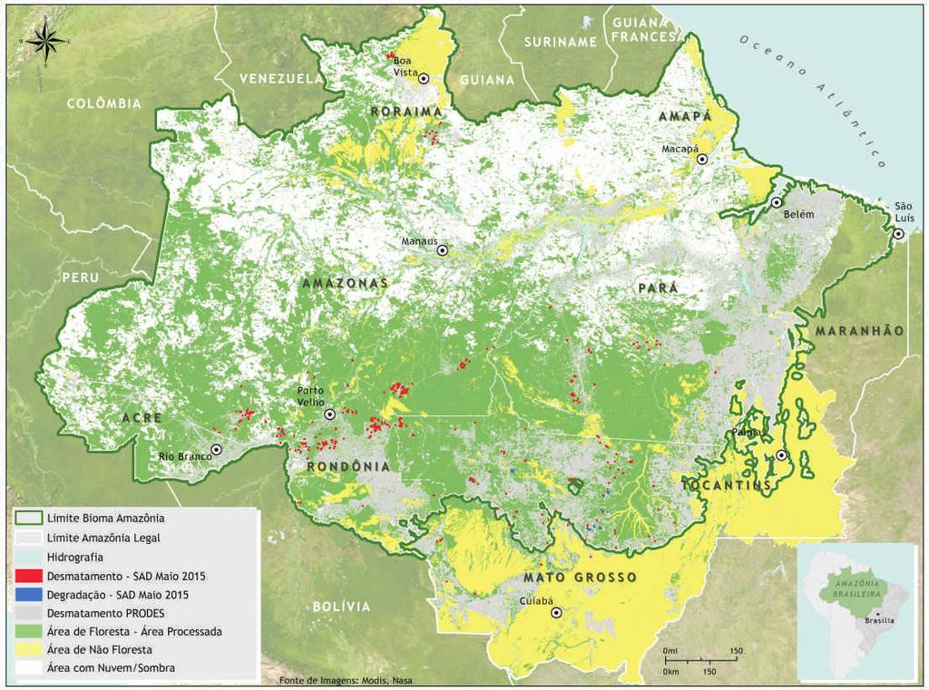 Cobertura de nuvem e sombra Em maio de 2015, foi possível monitorar com o SAD 61% da área florestal na Amazônia Legal.