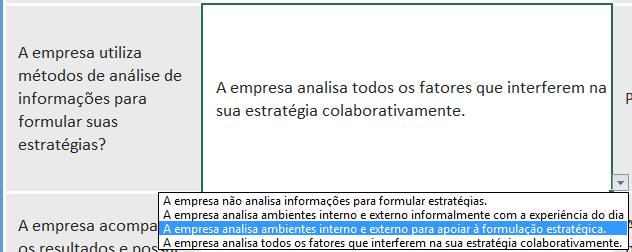 Como você pode ver, cada resposta representa um nível de maturidade em relação à pergunta, que nesse caso está ligado ao processo de formulação de estratégias.