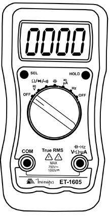 6) ESTRUTURA DO INSTRUMENTO 1 3 2 4 8 5 Figura 1 1. Display LCD. 2. Tecla HOLD. 3. Tecla SEL (Seleção de Função na Mesma Faixa). 4. Chave Rotativa. 5. Terminal de Entrada V/Ω/Hz/µA/ : Entrada para medidas de tensão, resistência, frequência, microampere e capacitância.