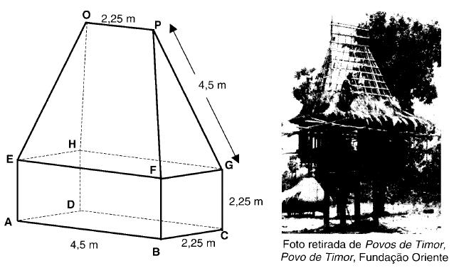 Estímulo 11 A seguir apresenta-se um esquema da casa timorense da fotografia. O chão da casa [ABCD] tem a forma de um rectângulo, e [ABCDEFGH] tem a forma de um prisma quadrangular recto.