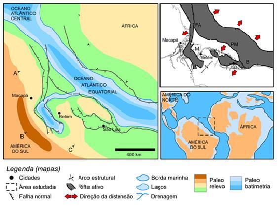 Figura 6 - Mapa paleogeográfico do Eocretáceo (final do Albiano). FA Bacia da Foz do Amazonas; M Bacia de Marajó; B Bacia de Barreirinhas; PM Bacia do Pará- Maranhão.